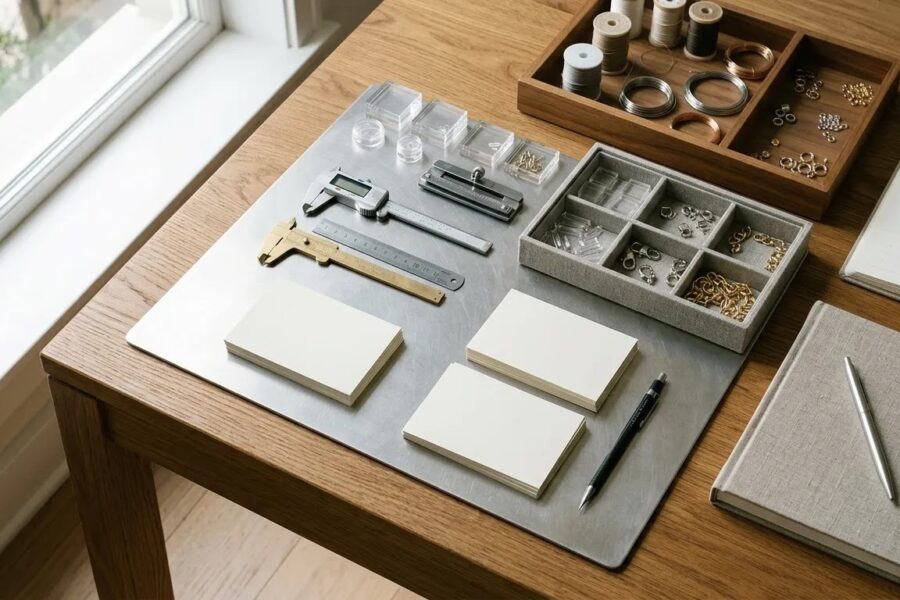 Wholesale silver chain sourcing workspace with measuring tools and organized production planning materials