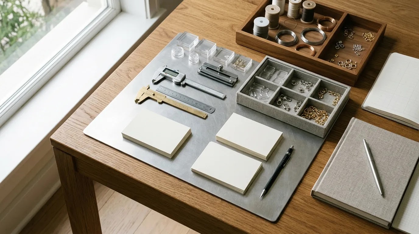 Wholesale silver chain sourcing workspace with measuring tools and organized production planning materials