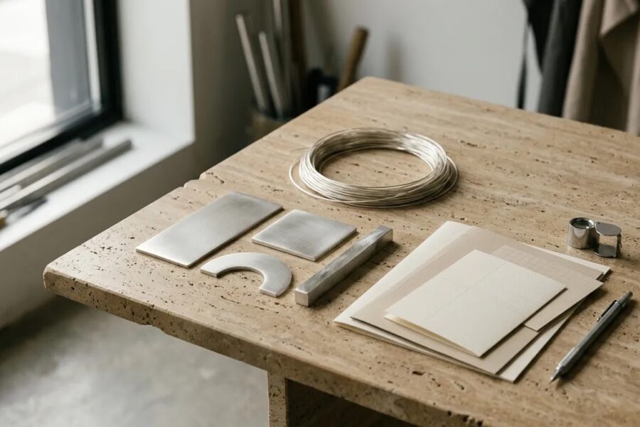 Wholesale silver pendants sourcing guide visual with silver-toned materials and collection planning documents